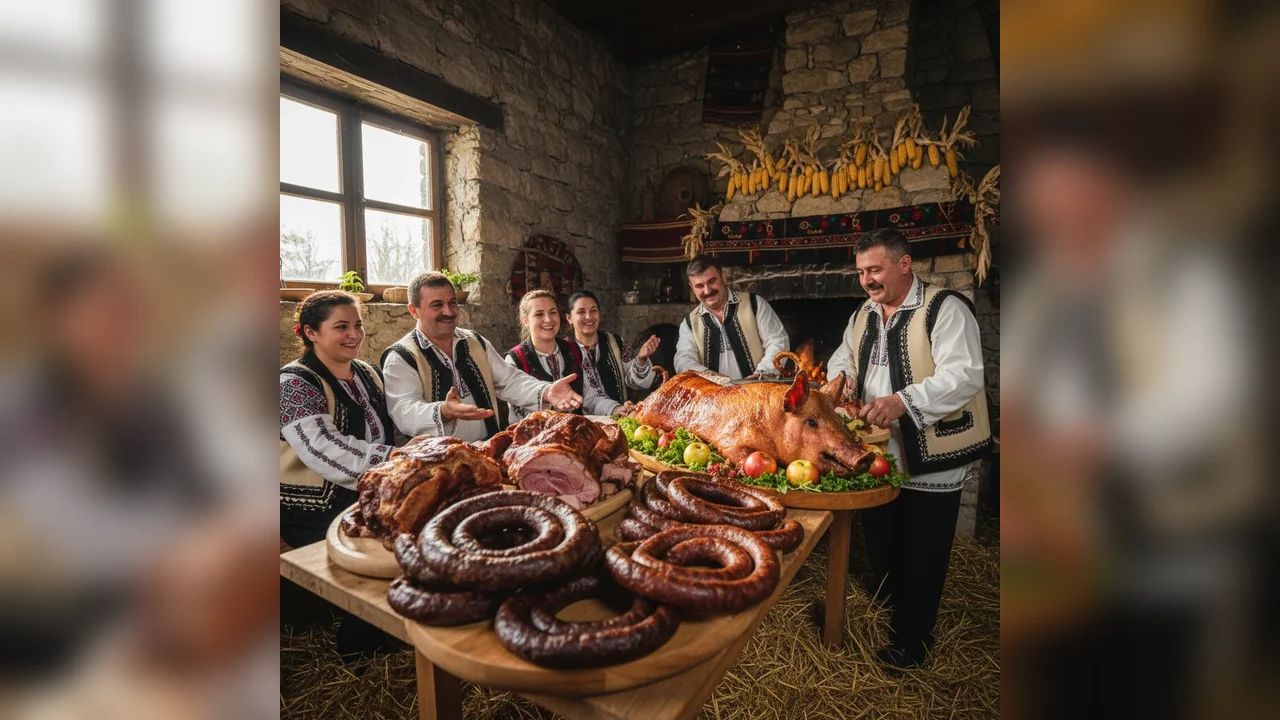 cârnați de casă și porc întreg pregătit acasă
