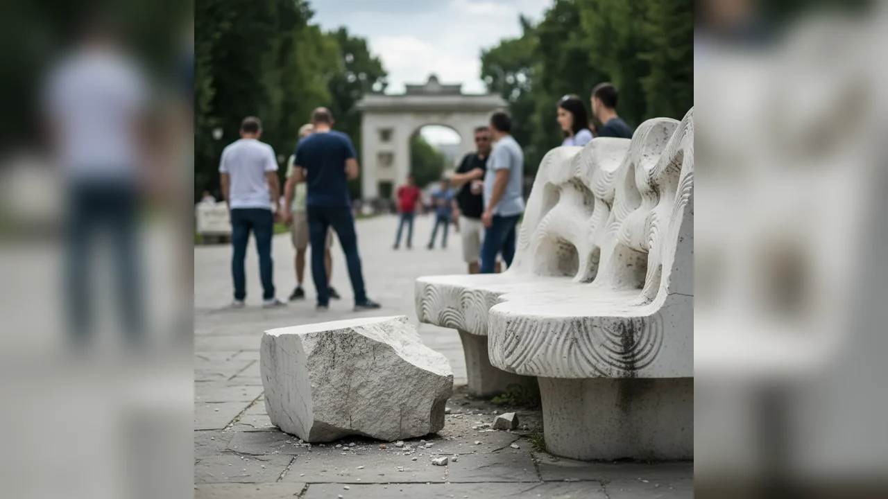 Fragment de piatră desprins dintr-o bancă a Ansamblului Brâncuși din Târgu Jiu: poliția a deschis anchetă