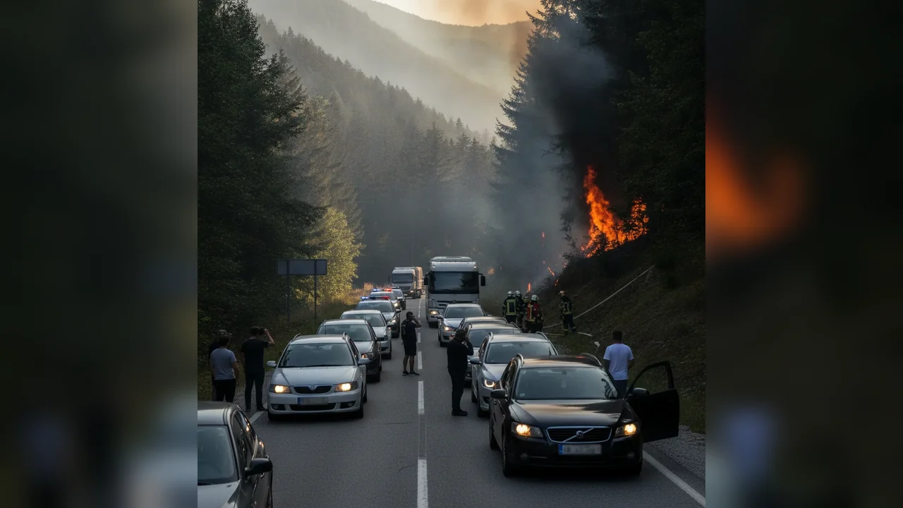 Incendiu în Domogled: DN 67D, ruta spre Târgu Jiu, închis din cauza căderilor de pietre