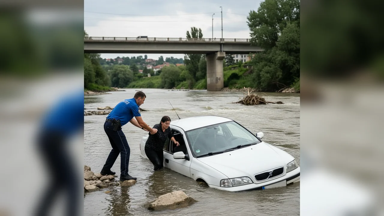 Intervenție de urgență la Târgu Jiu: doi polițiști salvează o femeie căzută cu mașina în râul Jiu