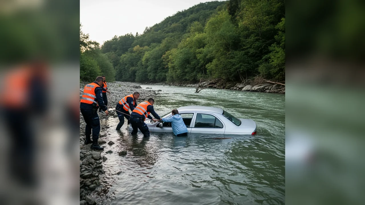 Intervenție de urgență la Târgu Jiu: polițiști sar în râul Jiu pentru a salva o femeie blocată în autoturism