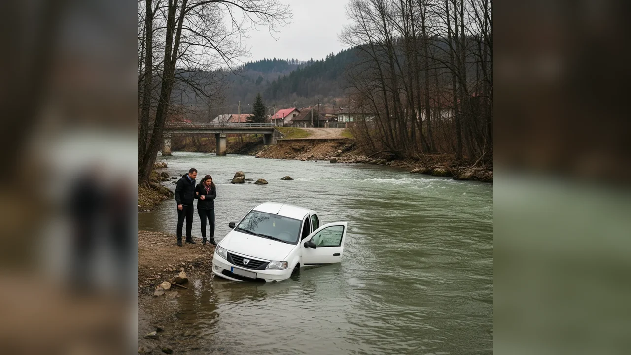 Mașină căzută în râul Jiu, două persoane s-au autoevacuat în siguranță