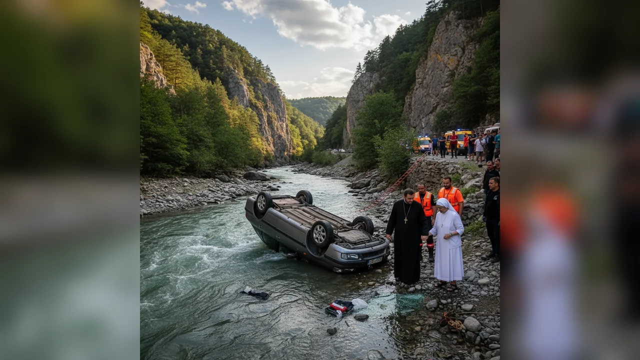 Mașina cu un preot și o măicuță s-a răsturnat în râu