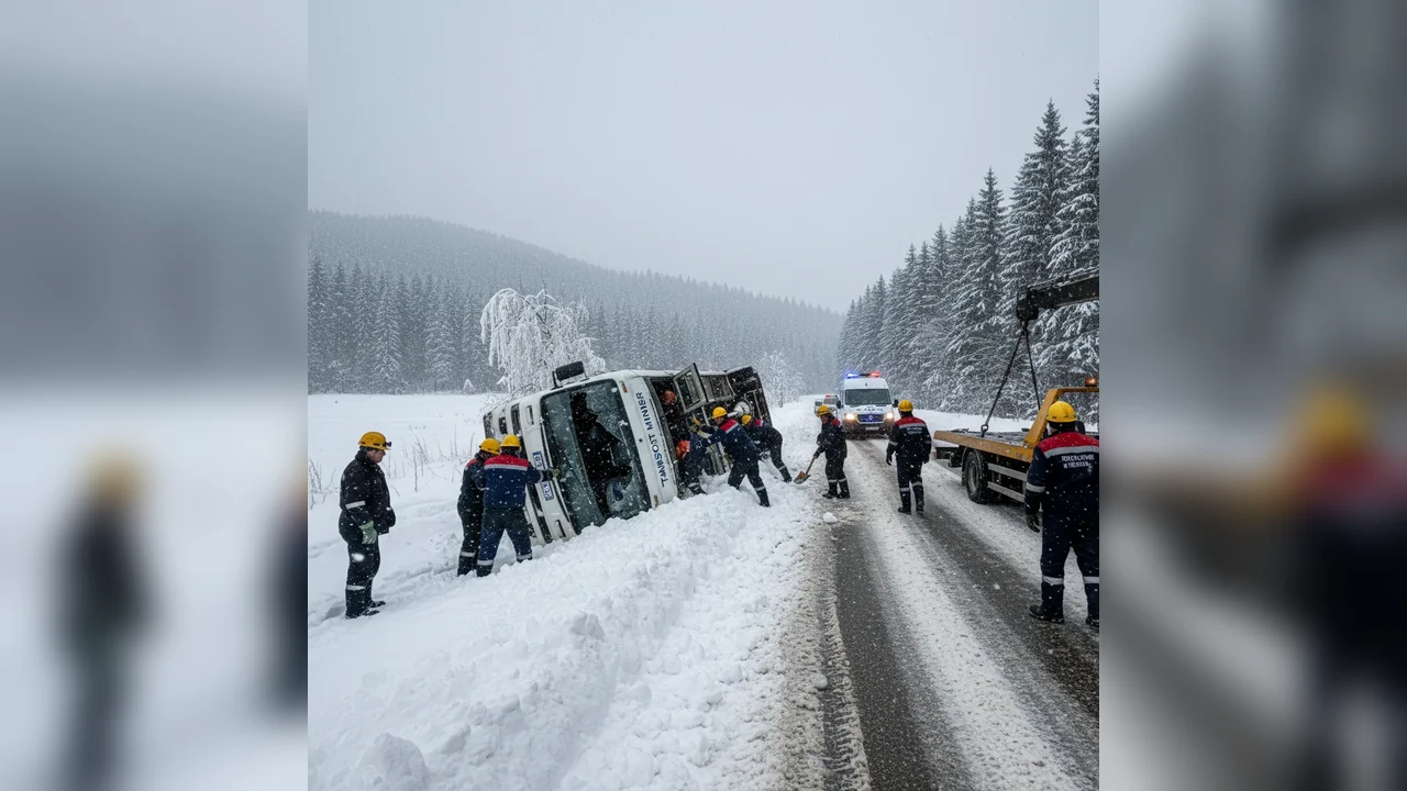 Microbuz cu mineri răsturnat lângă Târgu Jiu din cauza zăpezii, fără victime