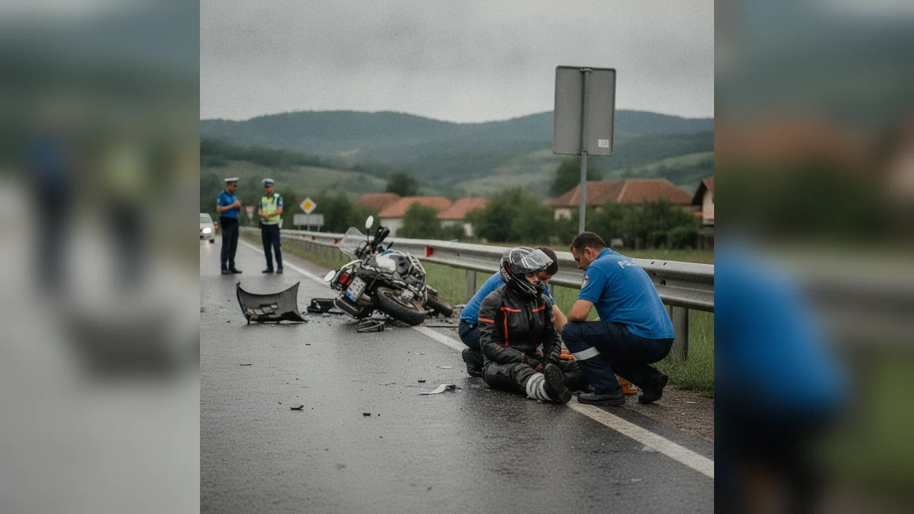 Motociclistă din Grecia, rănită pe DN 67 la Bengești-Ciocadia, după un viraj la stânga