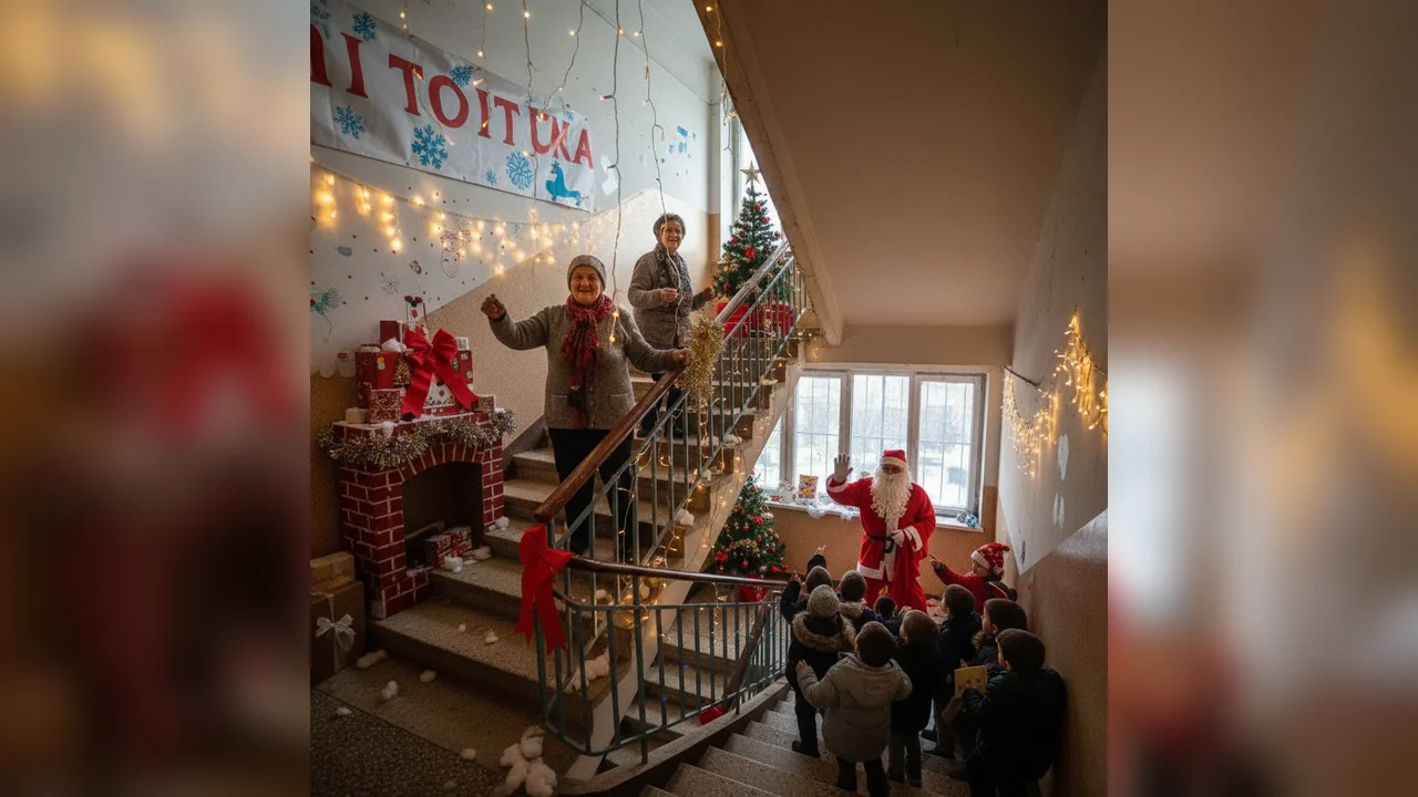 Scara de bloc transformată în casa magică a Moșului de Crăciun