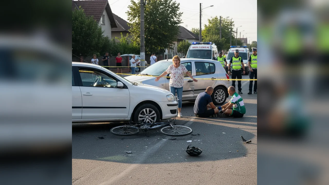 Șoferiță a lovit un biciclist și a avariat o mașină