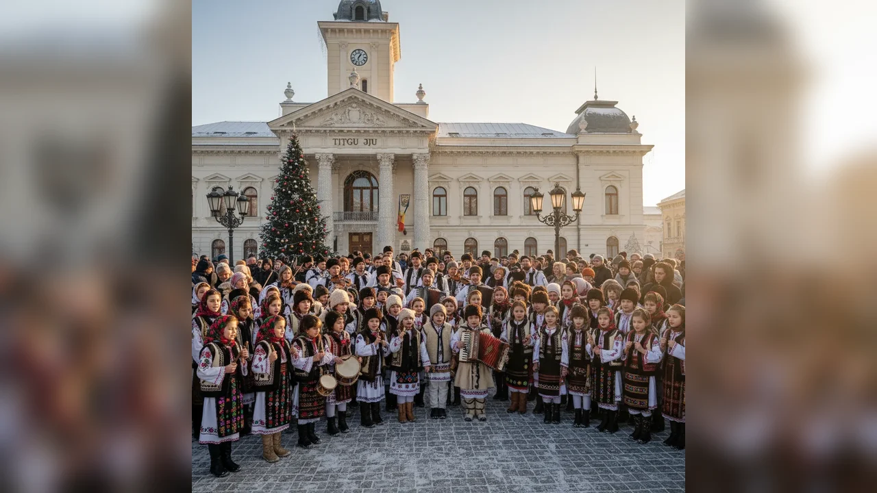 Sute de copii colindă la Primăria Târgu Jiu, aducând magie artistică în oraș