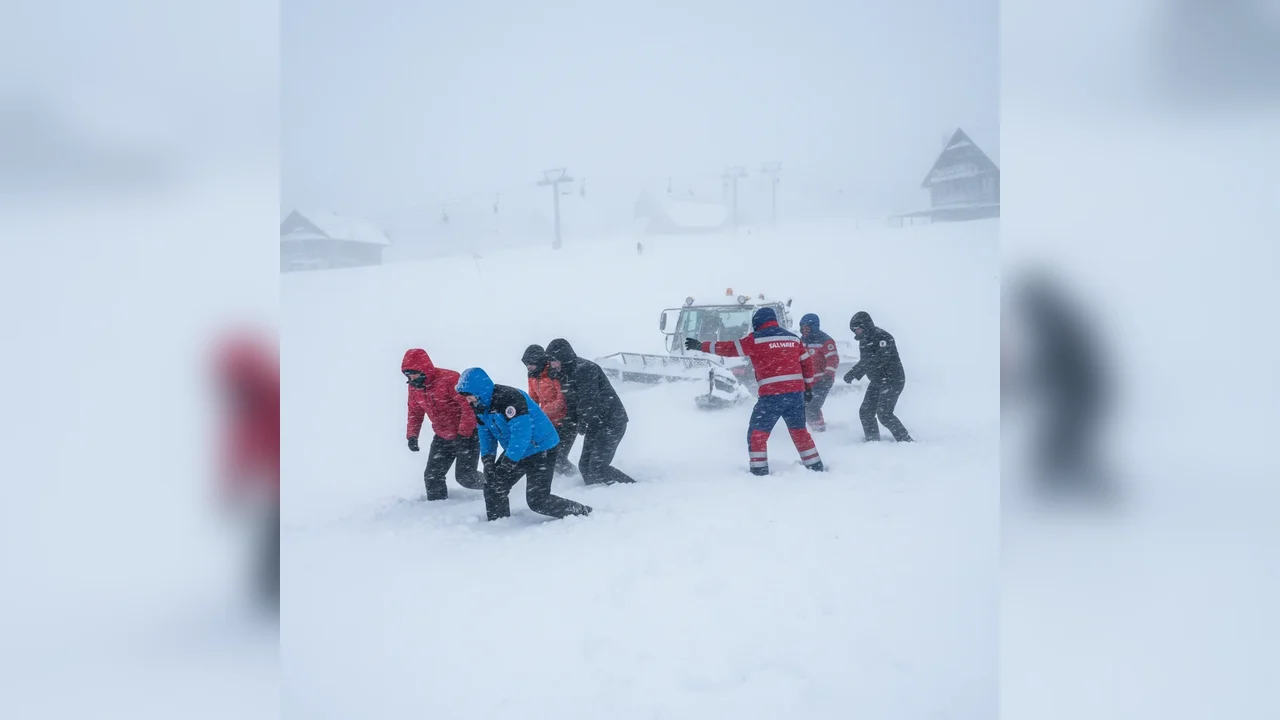 Turiști blocați în viscol la Rânca, salvați de echipele Salvamont
